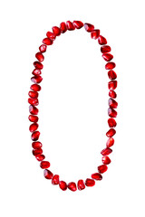 The font is composed of pomegranate seeds on a white isolated background. Number zero. Numbers from 1 to 9.