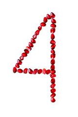 The font is composed of pomegranate seeds on a white isolated background. Number four. Numbers from 1 to 9.