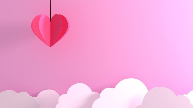 Une montgolfi&egrave;re en forme de c&oelig;ur vole au-dessus des nuages qui d&eacute;filent. Vid&eacute;o en boucle. Rendu 3D
