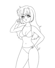 Cute anime manga girl wearing swimsuit bikini isolated on white background.