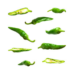 Green fresh chili pepper isolated on white background. Seasoning for dish, hot pepper, spicy spices for cooking, cayenne pepper, food. Set of peppers of different shapes for your design