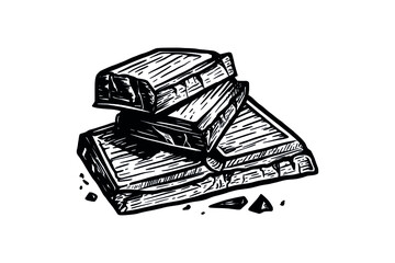 Chocolate pieces on a white background in a hand-drawn style. Slices of chocolate