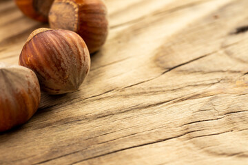 composition of hazelnuts on a wooden board