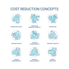 Value chain components light blue concept icons set. Reducing unnecessary costs. Company optimization idea thin line RGB color illustrations. Vector isolated outline drawings. Editable stroke
