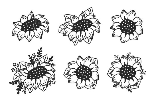 Set of cute sunflowers set. Hand drawn illustration.
