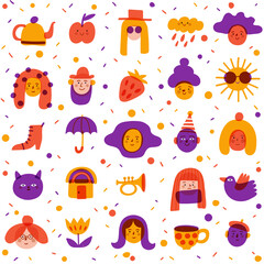 Seamless background with cute portraits, avatars and symbols for textile in cute doodle art style