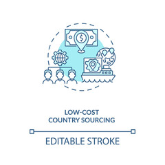 Low-cost country sourcing concept icon. Cost reduction strategy idea thin line illustration. Product improvement. Quality increase. Vector isolated outline RGB color drawing. Editable stroke
