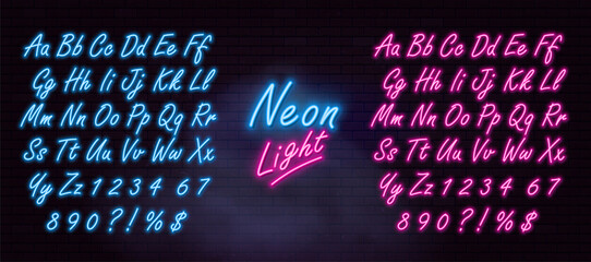 Realistic neon alphabet on dark brick wall and smoke background. Vector illustration - obrazy, fototapety, plakaty