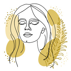 Silhouette of a beautiful lady. The girl is slim and elegant. Near it there are green leaves. Suitable for cosmetics advertising. Vector illustration.