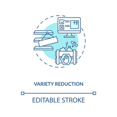 Variety reduction concept icon. Cost reduction strategy idea thin line illustration. Manufacturing crisis adaptation. Company optimization. Vector isolated outline RGB color drawing. Editable stroke