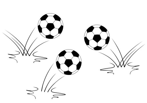 cartoon soccer balls bouncing, black and white illustration isolated on white
