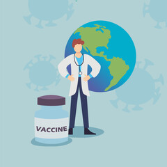 doctor man with covid 19 virus vaccine jar and world vector design