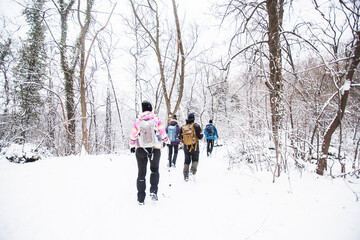 Hikers with backpack hiking on snowy trail. Group of people walking together at winter day. Back view.