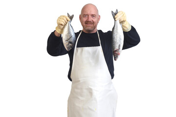 portrait of a fishmonger holding a sea bream and sea bass on white background
