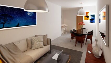 diseño interior, sala, cocina, comedor / 3d rendering .