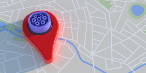Electric car plug in a pinpointer, city map background. Charging station locations concept. 3d illustration