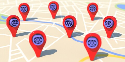 Electric car plugs in pinpointers, city map background. Charging station locations concept. 3d illustration © Rawf8