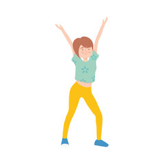 young woman with arms up, colorful design