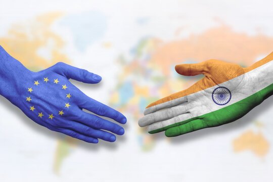 India and European Union - Flag handshake symbolizing partnership and cooperation