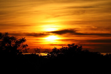 Obraz premium Colorful sunset over the bay at Laguna Madre with Palm trees in relief