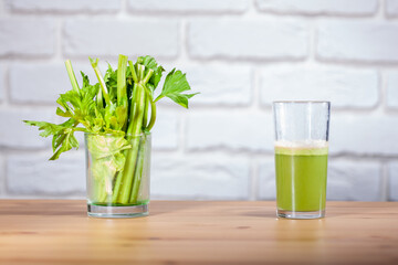 Healthy Celery diet for the treatment of incurable mysterious diseases. Fresh celery juice squeezed out on a juicer.drink, vegetable juice, studio shot