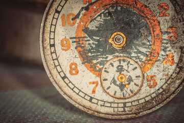 Fototapeta na wymiar Vintage grunge background of an old clock. Abstract texture covered with dust, dirt, scratches. Macro photography in light tinted