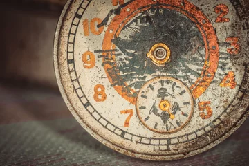 Fotobehang Vintage grunge background of an old clock. Abstract texture covered with dust, dirt, scratches. Macro photography in light tinted © Alexandr