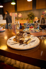 Waffle served with ice cream at the restaurant