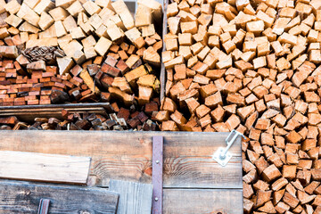 Wooden cottage on mountains, copy space photo