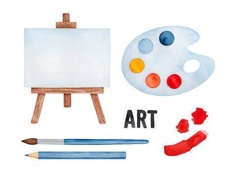 Water color illustration set of various drawing symbols: paint palette, easel, brush, pencil, brushstrokes. Hand painted watercolour graphic illustration, cutout clip art elements for creative design.