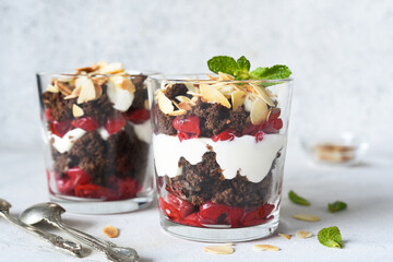Dessert black forest in a glass on a light concrete background. Traditional German dessert. Black Forest cake.