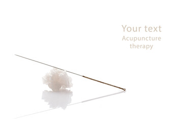 Silver needles for traditional Chinese acupuncture medicine. White background. There is some free space for your text or sign.