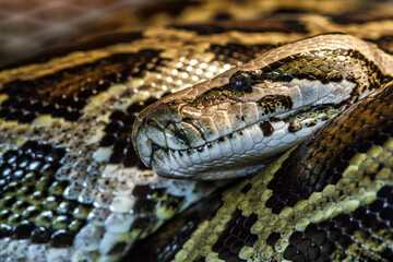 Reticulated python (Malayopython reticulatus) snake sometimes known as Royal Python or Ball Python.Photo of reticulated python head in full face