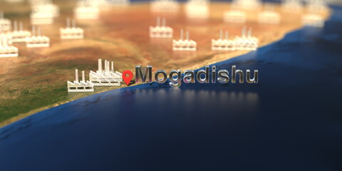 Factory icons near Mogadishu city on the map, industrial production related 3D rendering