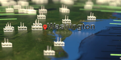 Factory icons near Washington city on the map, industrial production related 3D rendering
