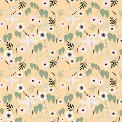 Seamless floral pattern, seamless template, vintage style, hummingbird - 407315918