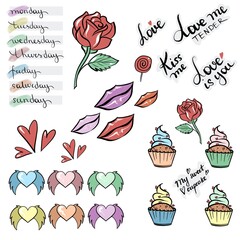 Saint Valentine’s Day planner stickers, love stickers, clip art, lips, roses, cupcakes, hearts, roses