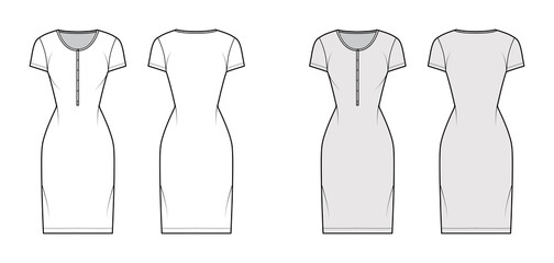Shirt dress technical fashion illustration with henley neck, short sleeves, knee length, fitted body, Pencil fullness. Flat apparel template front, back, white, grey color. Women men unisex CAD mockup
