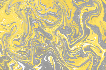 Digital illustration in fluid art style in colors of the year illuminating and ultimate gray. Abstract mixing of colored liquid paints.