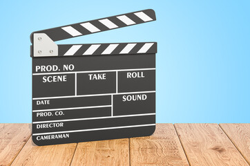 Clapperboard on the wooden planks, 3D rendering