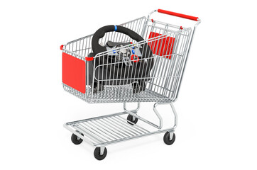 Shopping cart with gaming steering wheel. 3D rendering
