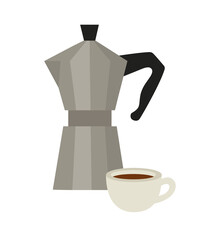 Vector illustration of geyser coffee maker and a cup of coffee isolated on white background. Hand-drawn coffee set isolated on white. Trendy illustration for web and print design.