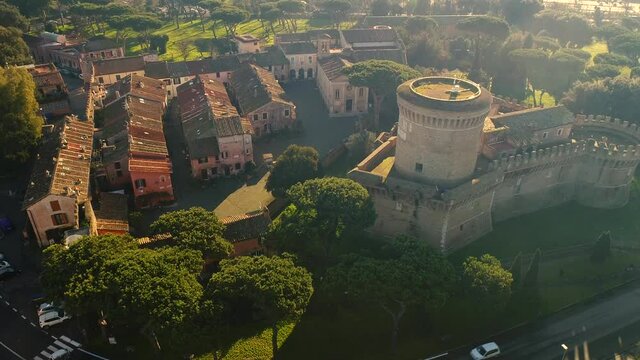 Aerial view of the village of Ostia antica the basilica of Santa Aurea and castle of Julius II in Rome