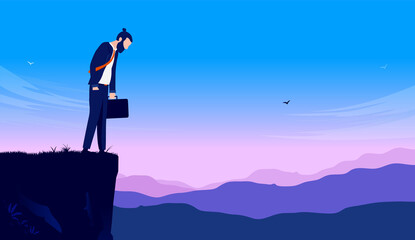 Businessman about to give up - Desperate man on edge of cliff looking sad and depressed. Business despair and crisis concept. Vector illustration.