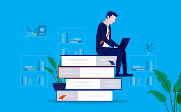 Educate yourself - Man sitting on books reading on computer. Learn new skills, personal growth, and gaining knowledge concept. Vector illustration.