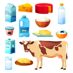 Dairy milk, cattle farm food products, flat icons
