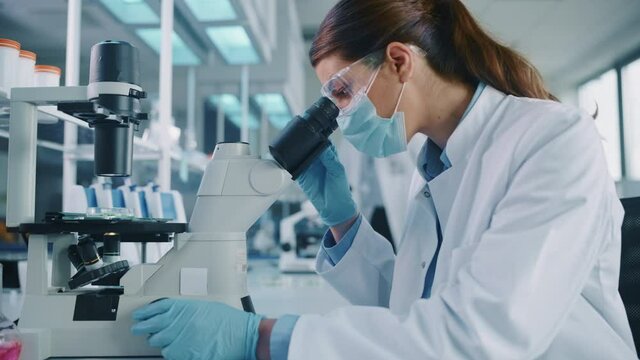 Close Up Footage of a Female Scientist Putting a Petri Dish with Genetically Modified Sample Chemicals Under a Microscope. Microbiologist Working in Modern Laboratory with Technological Equipment.