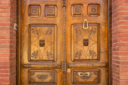 brown wooden door with ornamental reliefs