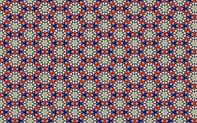 Colorful mosaic pattern in red, blue and white.