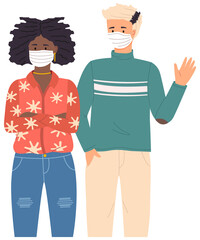Young boy and african woman in protective medical masks. People stand together and pose, vector illustration isolated on white background. Multinational people on self-isolation during pandemic